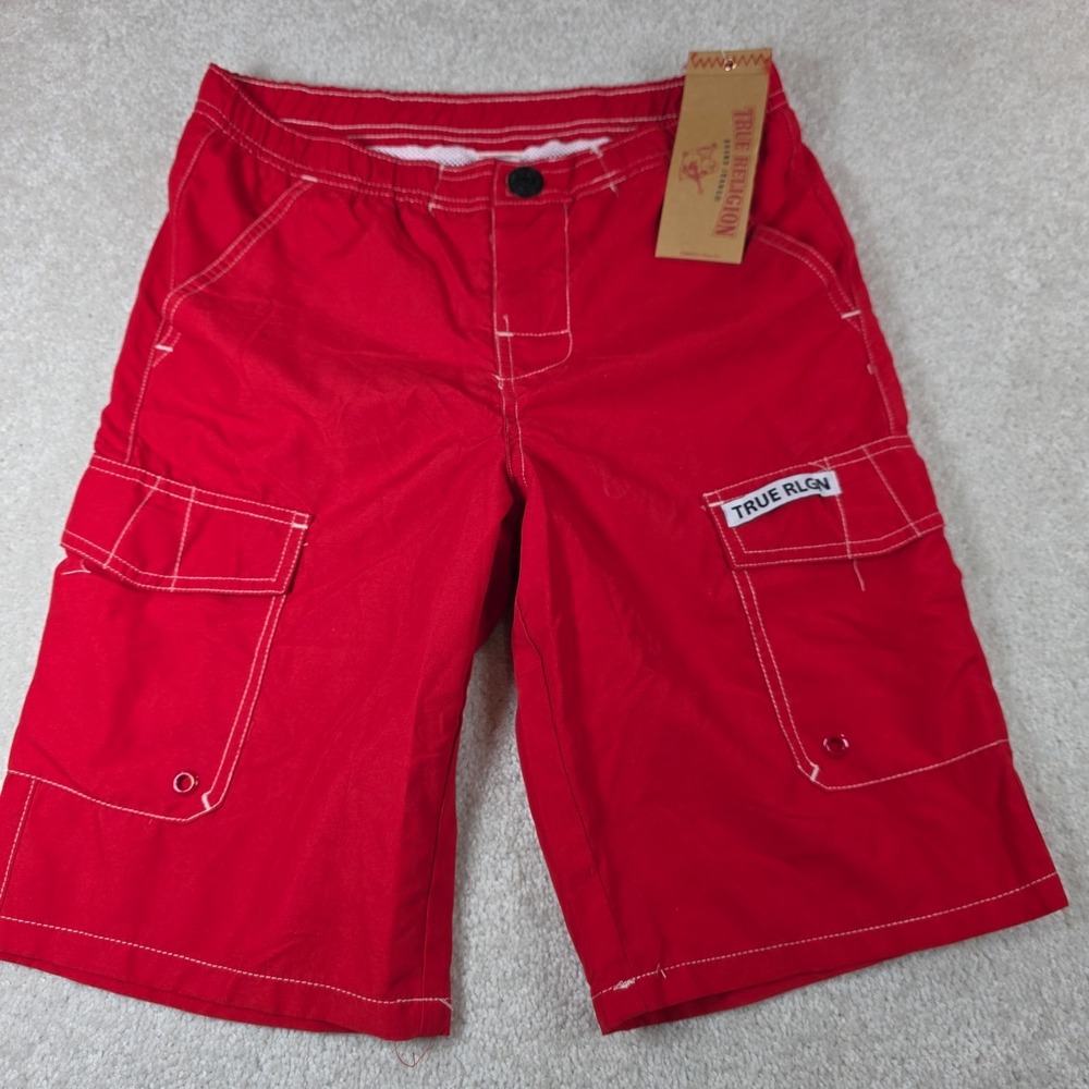 True Religion Cargo Swim Shorts Kids M (10-12) Bright Red Contrast Stitching NWT